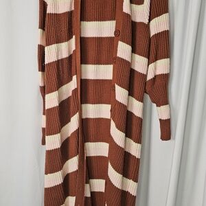 Eloquii Brown and Pink Striped Cardigan